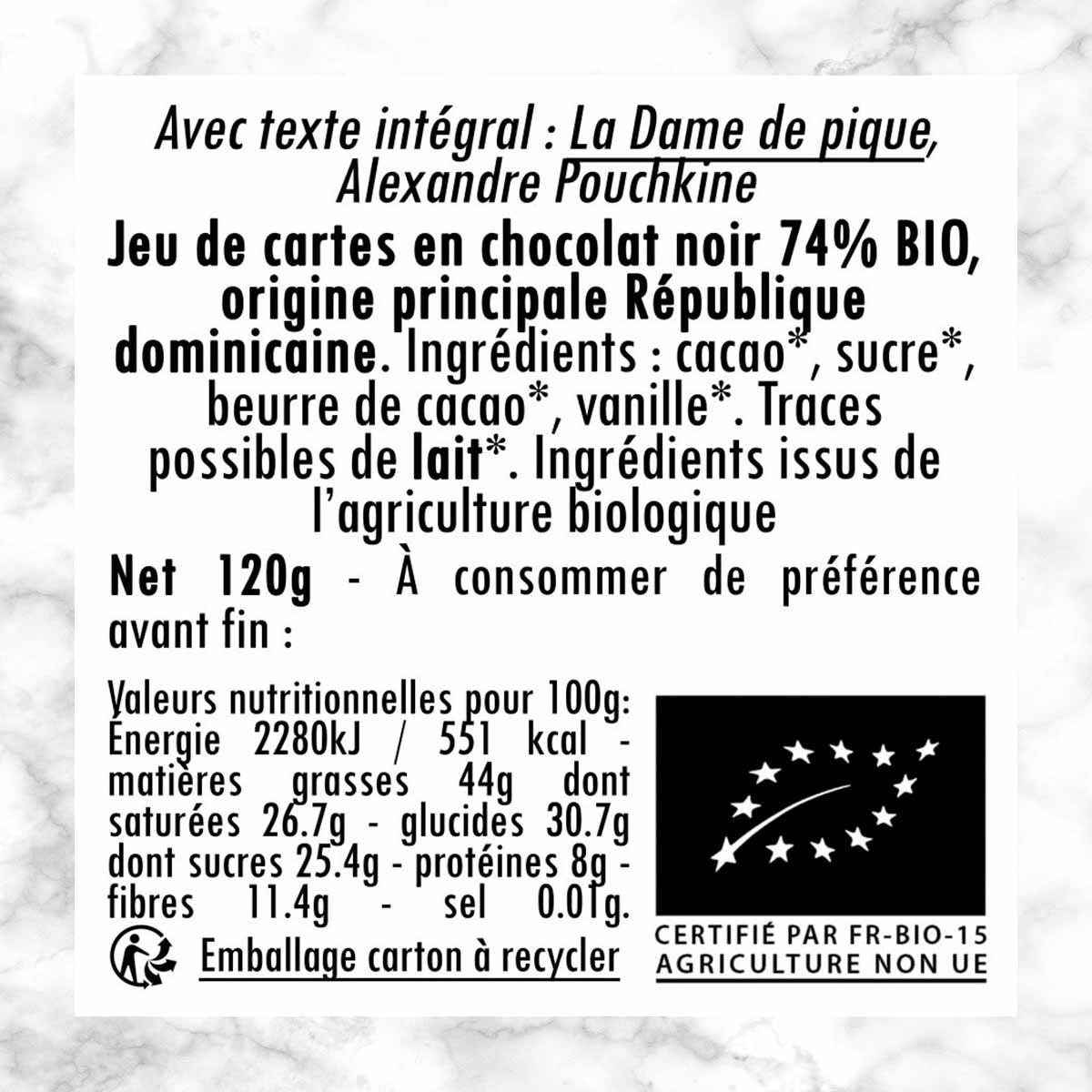 Jeu de cartes Dame de pique - Noir 74% BIO, République dominicaine