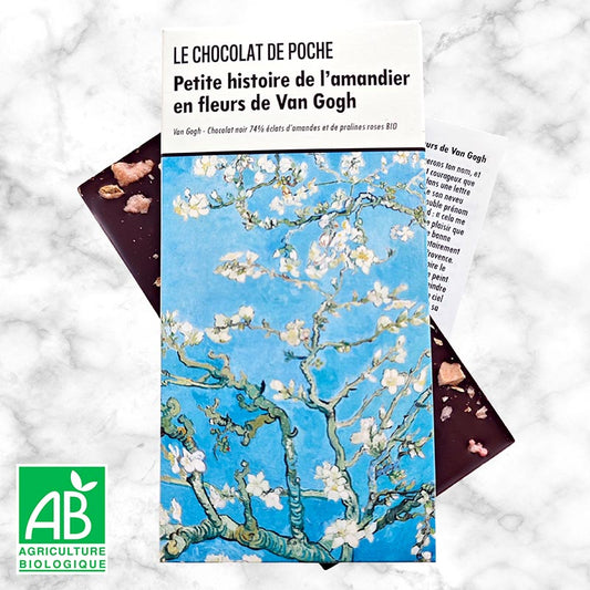 Noir 74% éclats d'amandes et de pralines roses BIO - Petite histoire de l'amandier en fleurs de Van Gogh