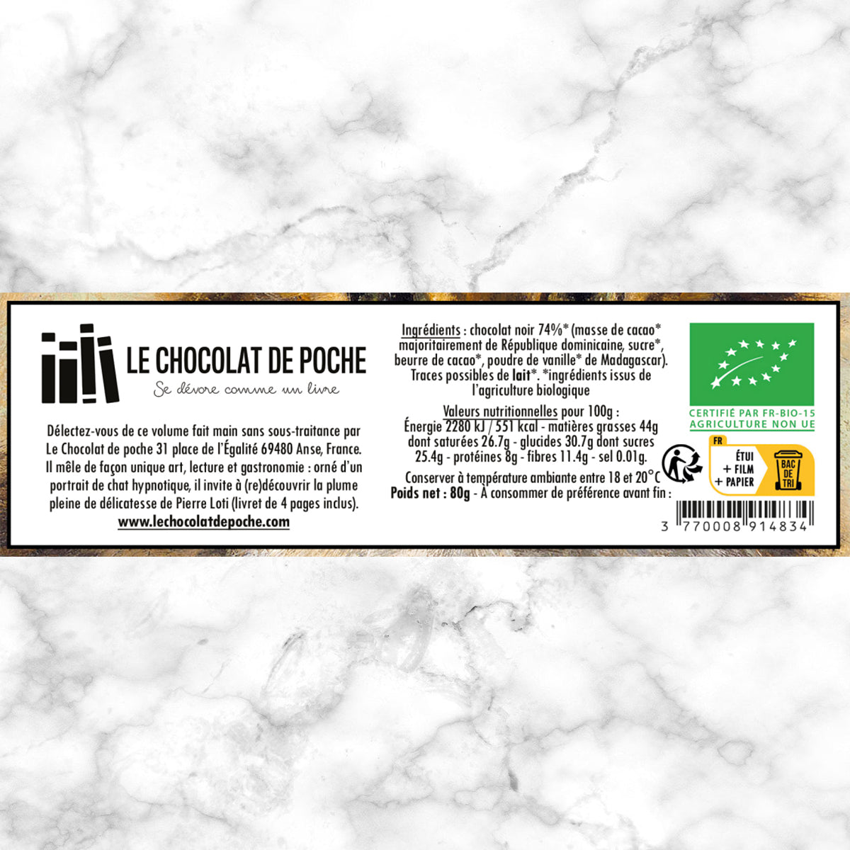 Eléments nutritionnels Le Chocolat de poche - tablette-livre noir 74% BIO sur le thème des chats