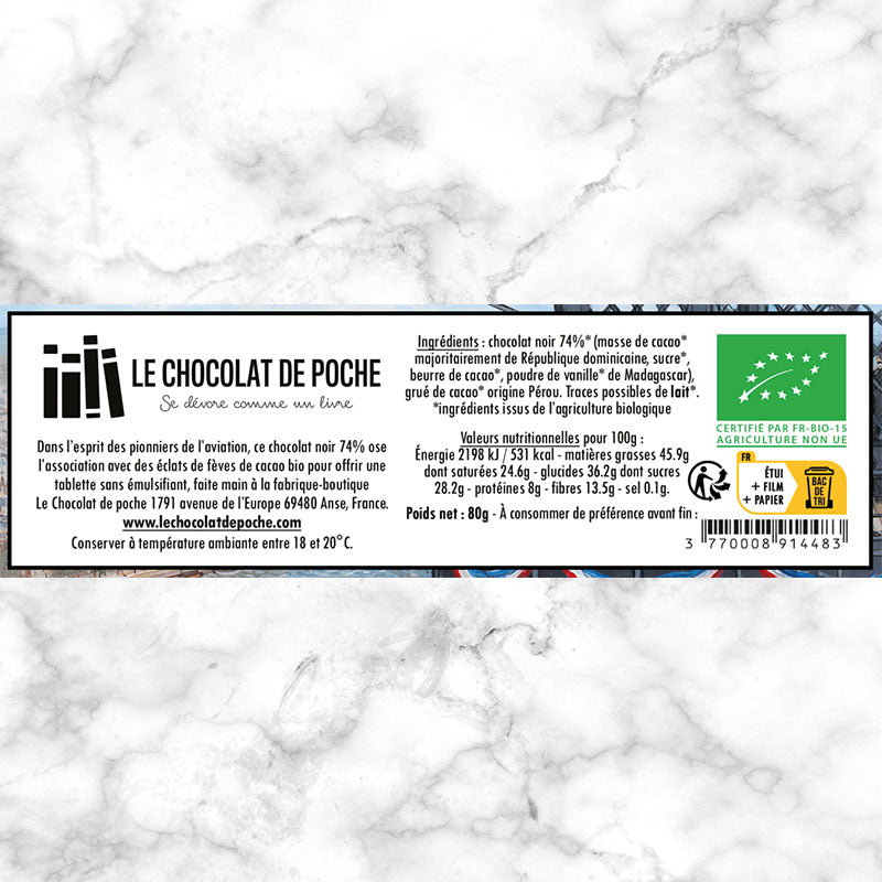 Noir 74% grué de cacao BIO - Le goût de l'audace au temps des premiers aviateurs