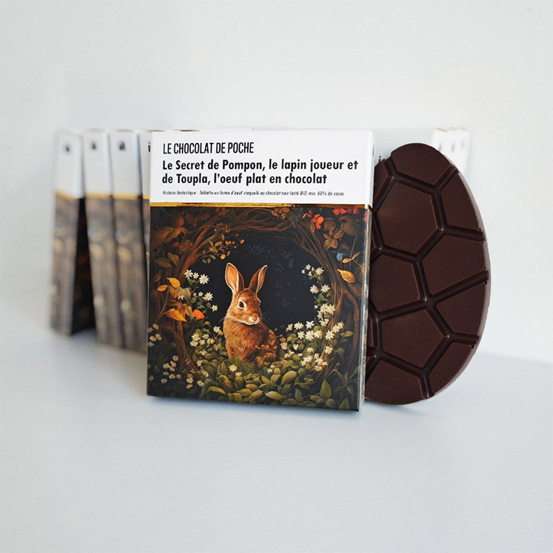 Noir 60% lacté BIO - Le Secret de Pompon, le lapin joueur et de Toupla l'oeuf plat en chocolat