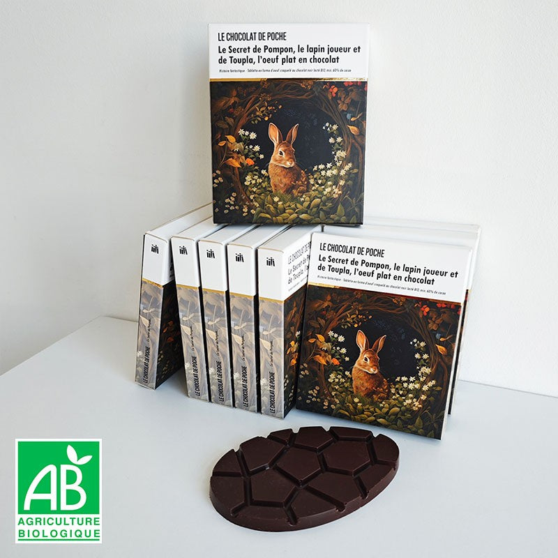 Noir 60% lacté BIO - Le Secret de Pompon, le lapin joueur et de Toupla l'oeuf plat en chocolat