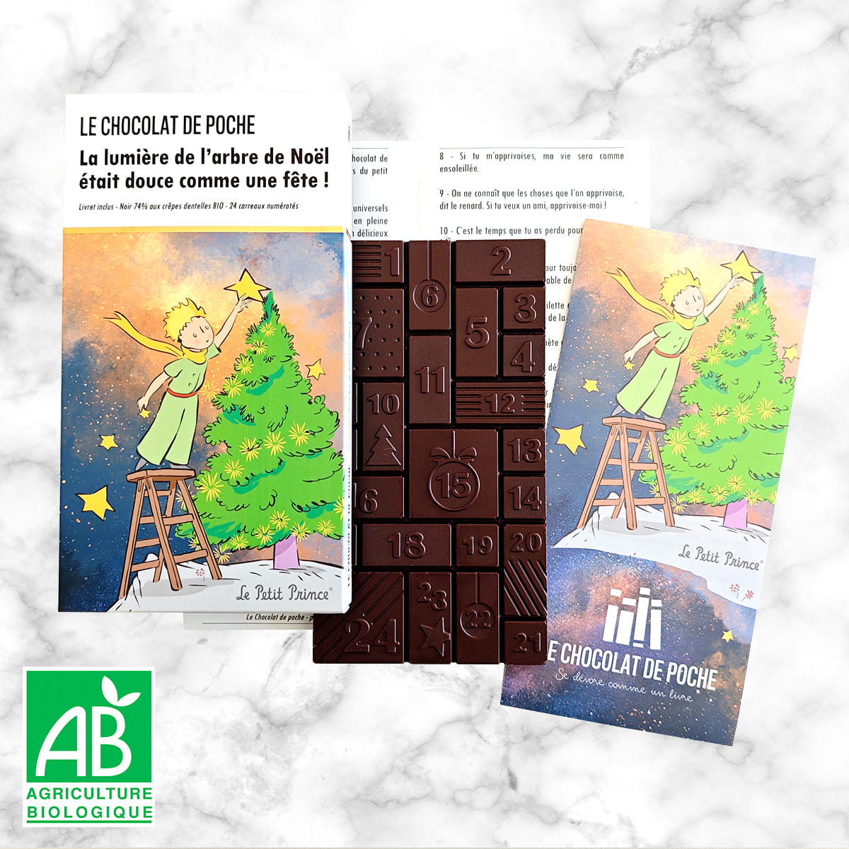 Le Petit Prince - Grande tablette de l'Avent et de Noël - noir 74% crêpes dentelles BIO - La lumière de l'arbre de Noël était douce comme une fête !