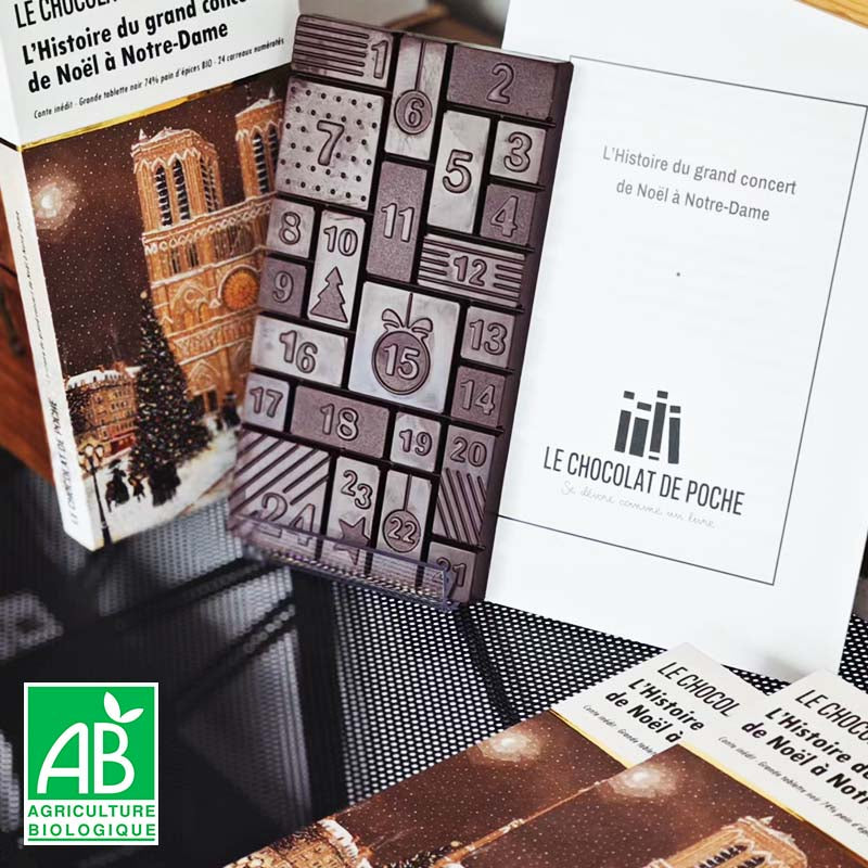 Grande tablette de l'Avent et de Noël - noir 74% pain d'épices BIO - L'Histoire du grand concert de Noël à Notre-Dame
