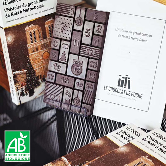 Grande tablette de l'Avent et de Noël - noir 74% pain d'épices BIO - L'Histoire du grand concert de Noël à Notre-Dame