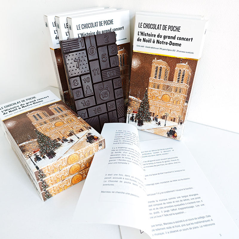 Grande tablette de l'Avent et de Noël - noir 74% pain d'épices BIO - L'Histoire du grand concert de Noël à Notre-Dame