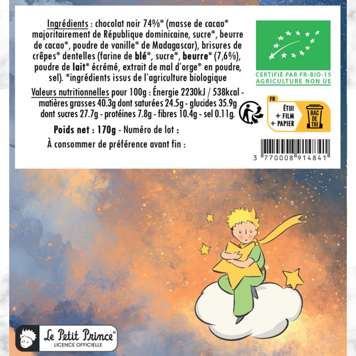 Le Petit Prince - Grande tablette de l'Avent et de Noël - noir 74% crêpes dentelles BIO - La lumière de l'arbre de Noël était douce comme une fête !