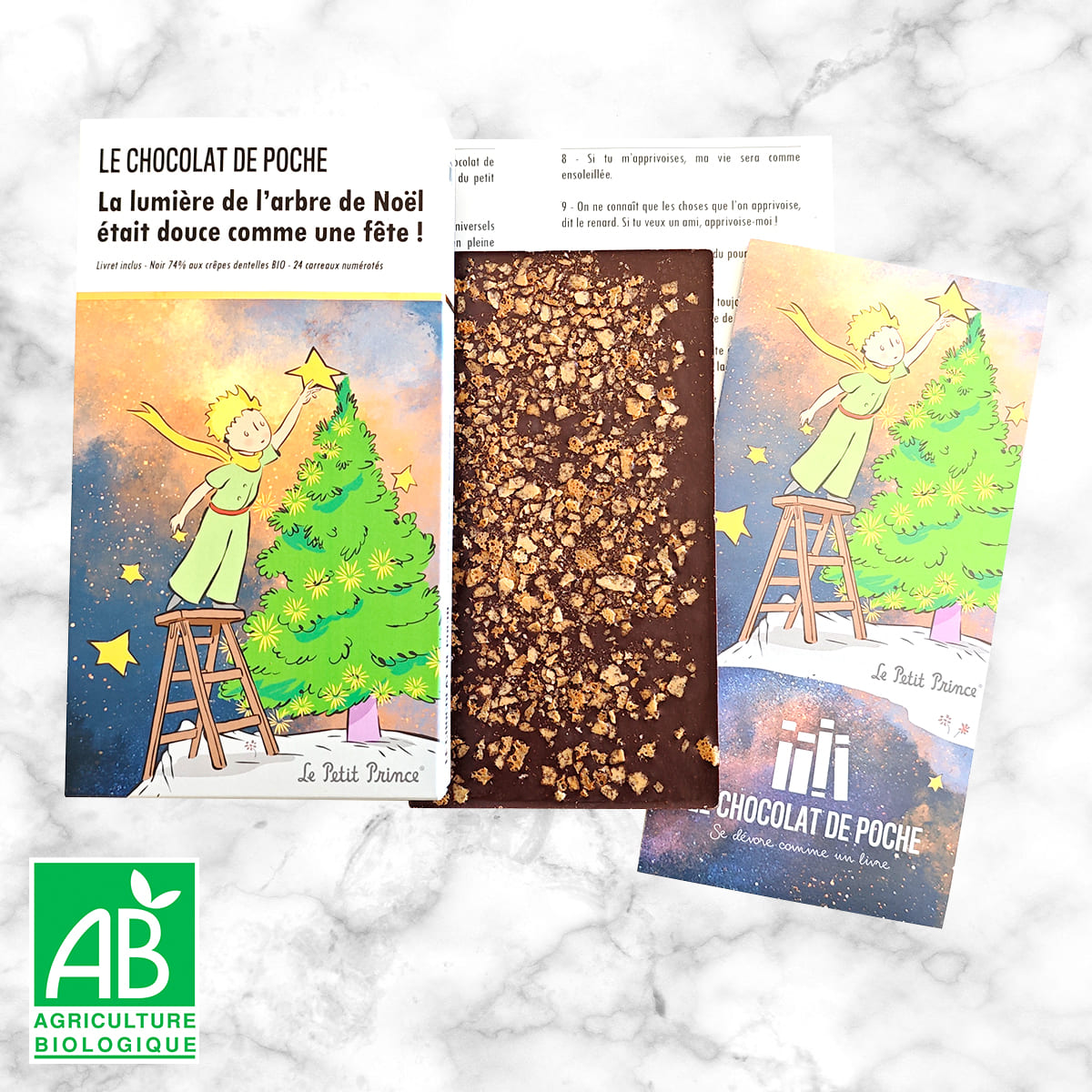 Le Petit Prince - Grande tablette de l'Avent et de Noël - noir 74% crêpes dentelles BIO - La lumière de l'arbre de Noël était douce comme une fête !