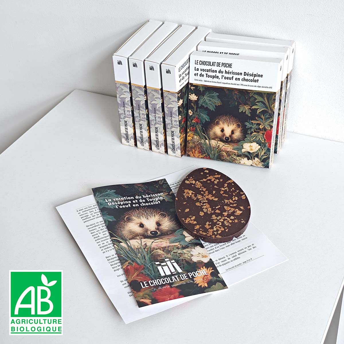 Noir 74% crêpes dentelles BIO - La vocation du hérisson Désépine et de Toupla, l'oeuf en chocolat
