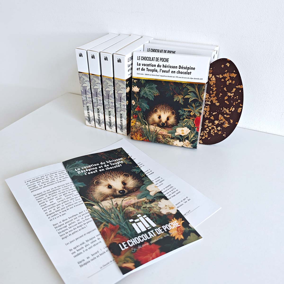 Noir 74% crêpes dentelles BIO - La vocation du hérisson Désépine et de Toupla, l'oeuf en chocolat