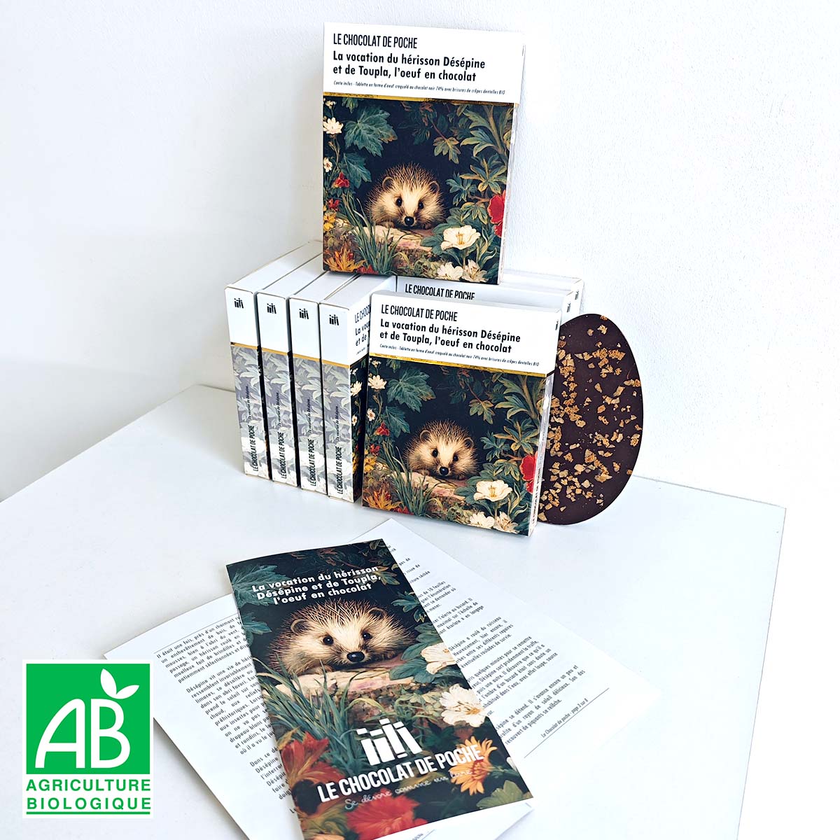 Noir 74% crêpes dentelles BIO - La vocation du hérisson Désépine et de Toupla, l'oeuf en chocolat