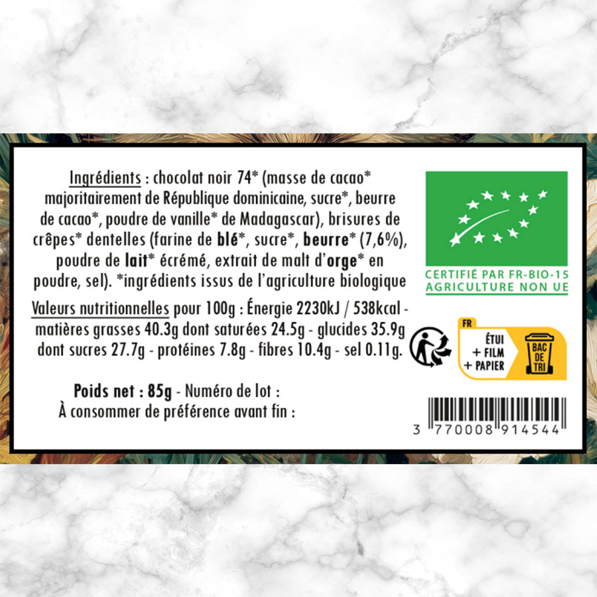 Noir 74% crêpes dentelles BIO - La vocation du hérisson Désépine et de Toupla, l'oeuf en chocolat