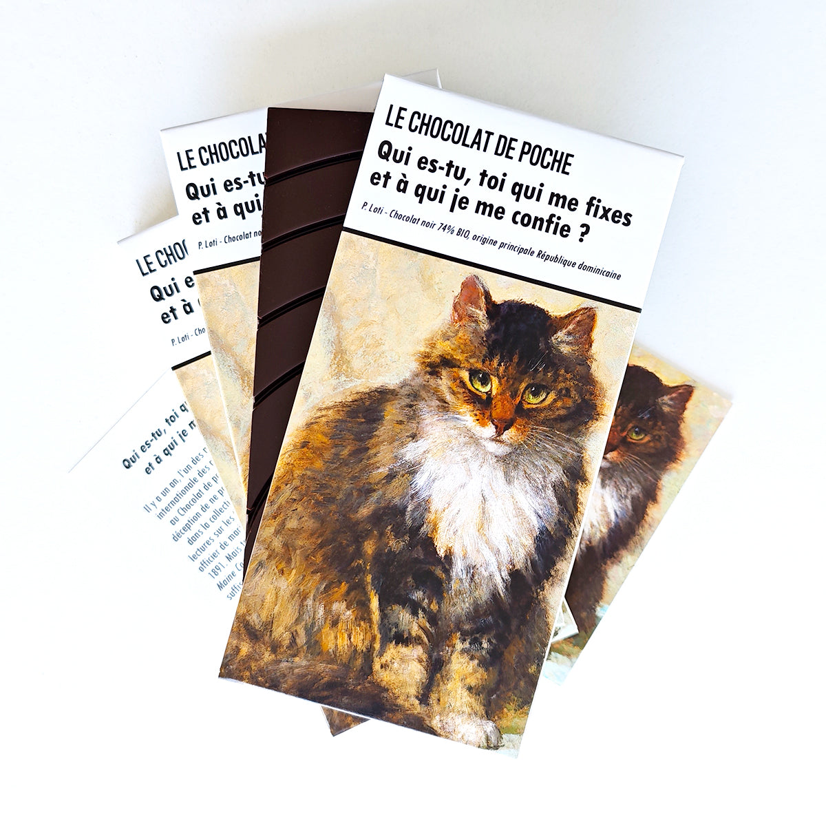 Le chat Maine Coon hypnotique orne cette tablette-livre Le Chocolat de poche dédiée aux chats