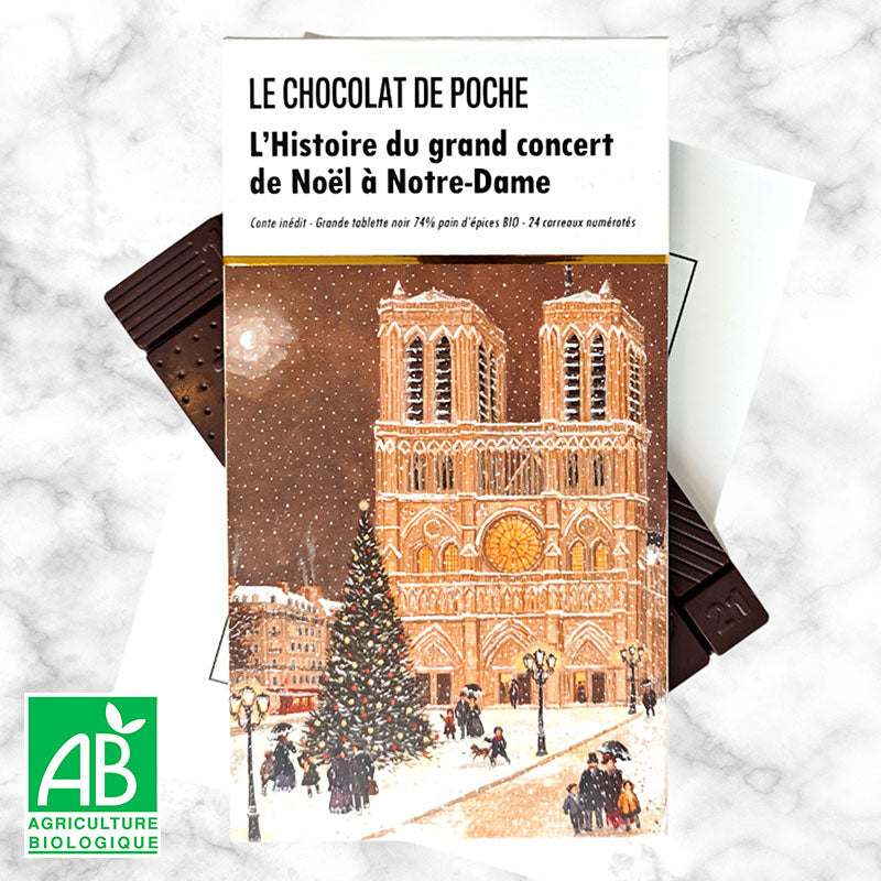 Grande tablette de l'Avent et de Noël - noir 74% pain d'épices BIO - L'Histoire du grand concert de Noël à Notre-Dame