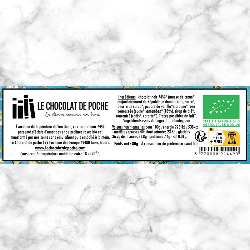 Noir 74% éclats d'amandes et de pralines roses BIO - Petite histoire de l'amandier en fleurs de Van Gogh