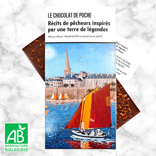 Tablette littéraire lait caramel bio Le Chocolat de poche en collaboration avec l'artiste peintre Fabienne Delacroix