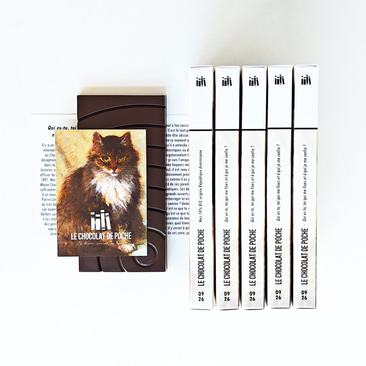 Tablette Le Chocolat de poche bio en forme de livre de poche sur le thème des chats, lecture incluse.