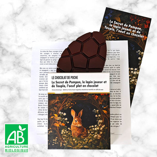 Noir 60% lacté BIO - Le Secret de Pompon, le lapin joueur et de Toupla l'oeuf plat en chocolat